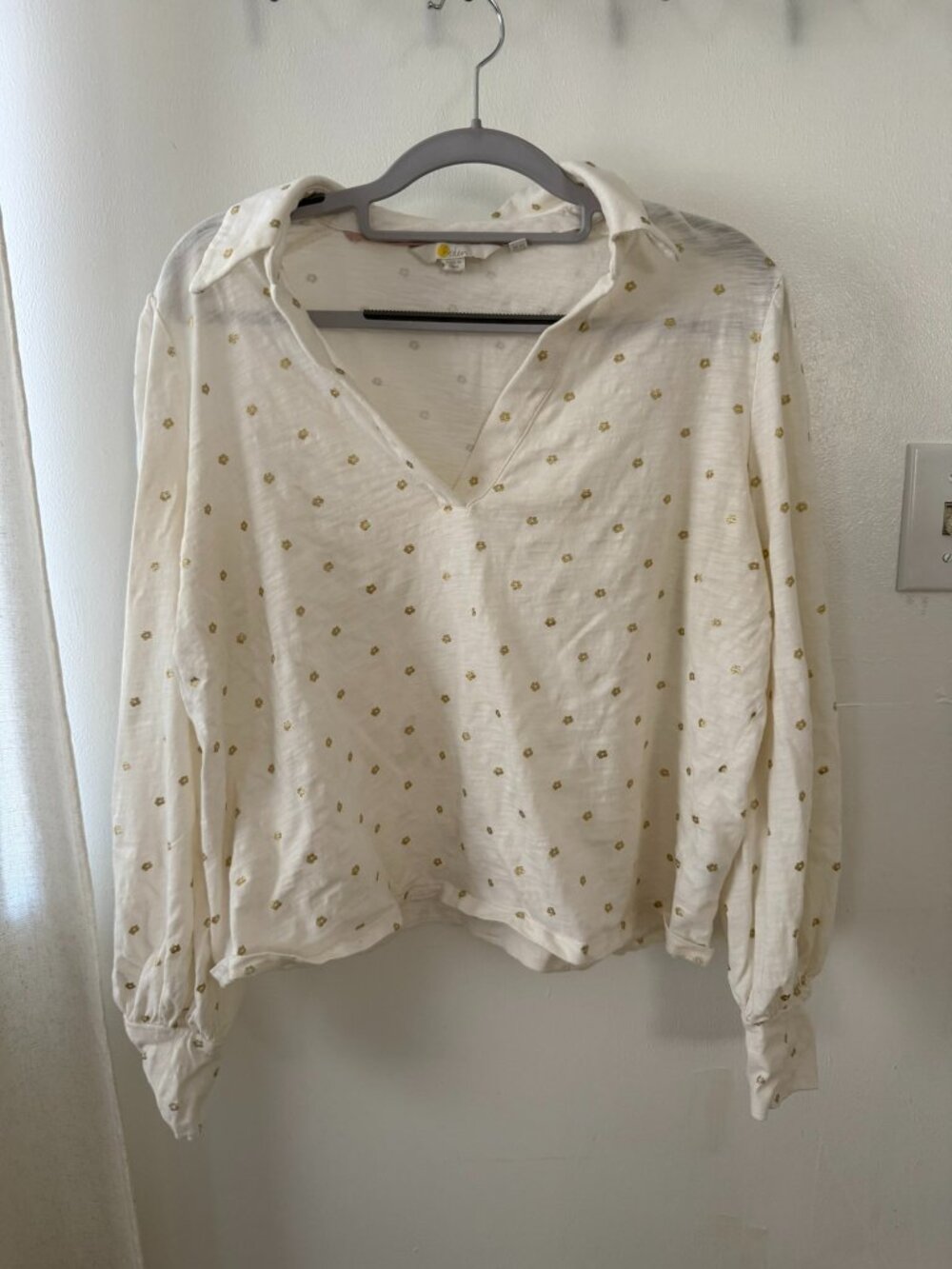 Boden White Cotton V Neck with Collar and Gold Foil Floral Print, Size 12